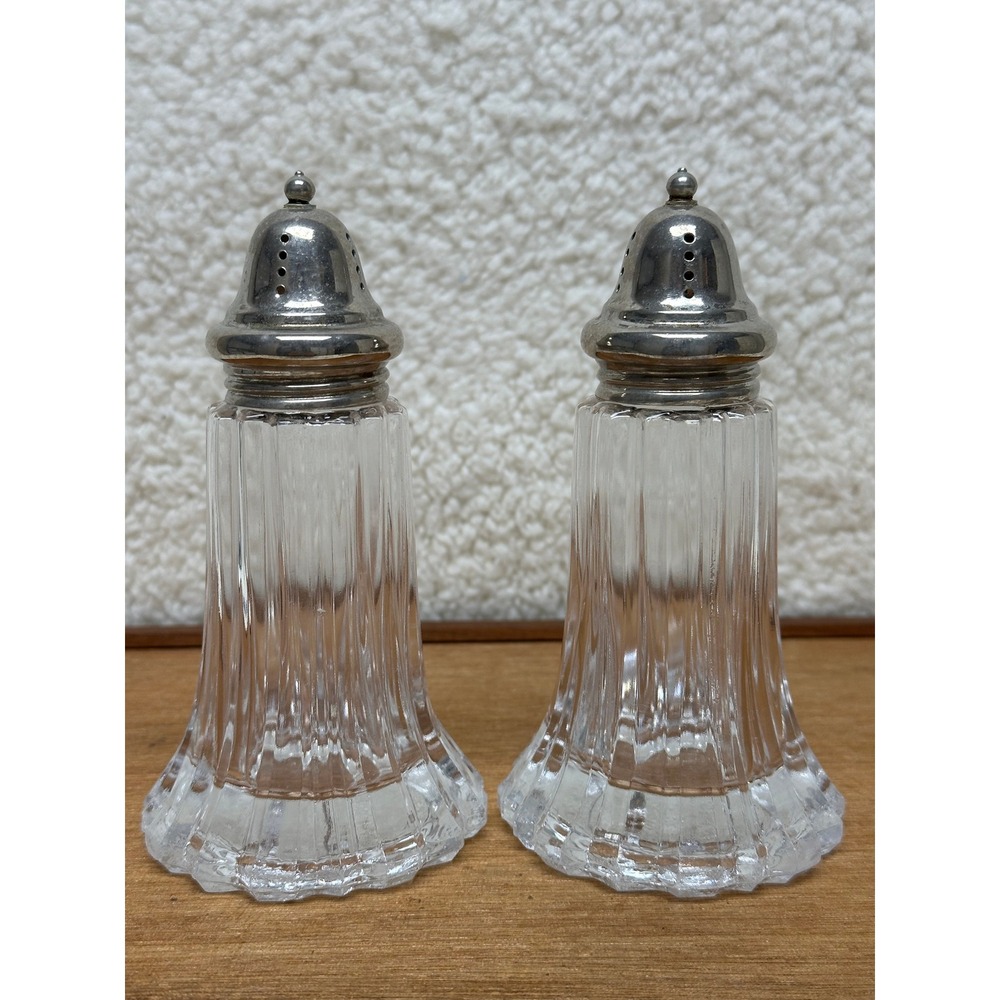 Vintage Salt and Pepper Shakers Clear Fluted Glass Scalloped Base Silver Tops